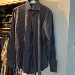 Thomas Dean Sport Shirt Size L Gray with Blue Stripes and Accent Patterns